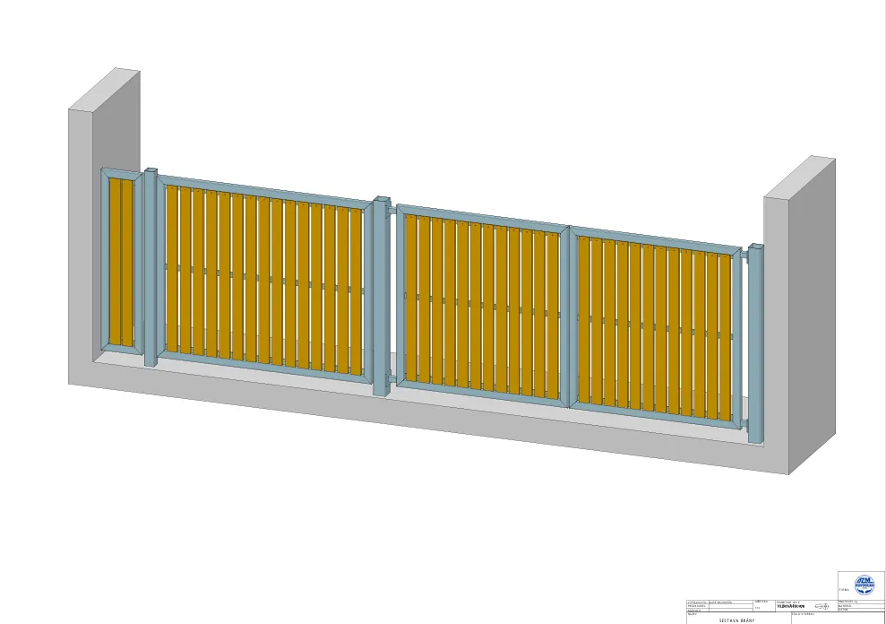 3D CAD návrh — Křídlová brána s dřevěnou výplní a oplocením, Velichovky — Brány, Velichovky