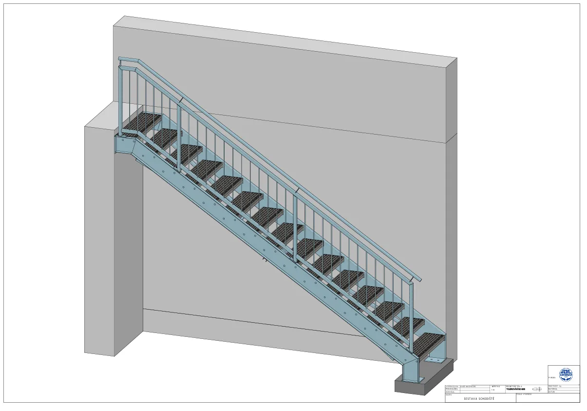 3D CAD návrh — Venkovní ocelové schodiště, Předměřice nad Labem — Schodiště, Předměřice nad Labem