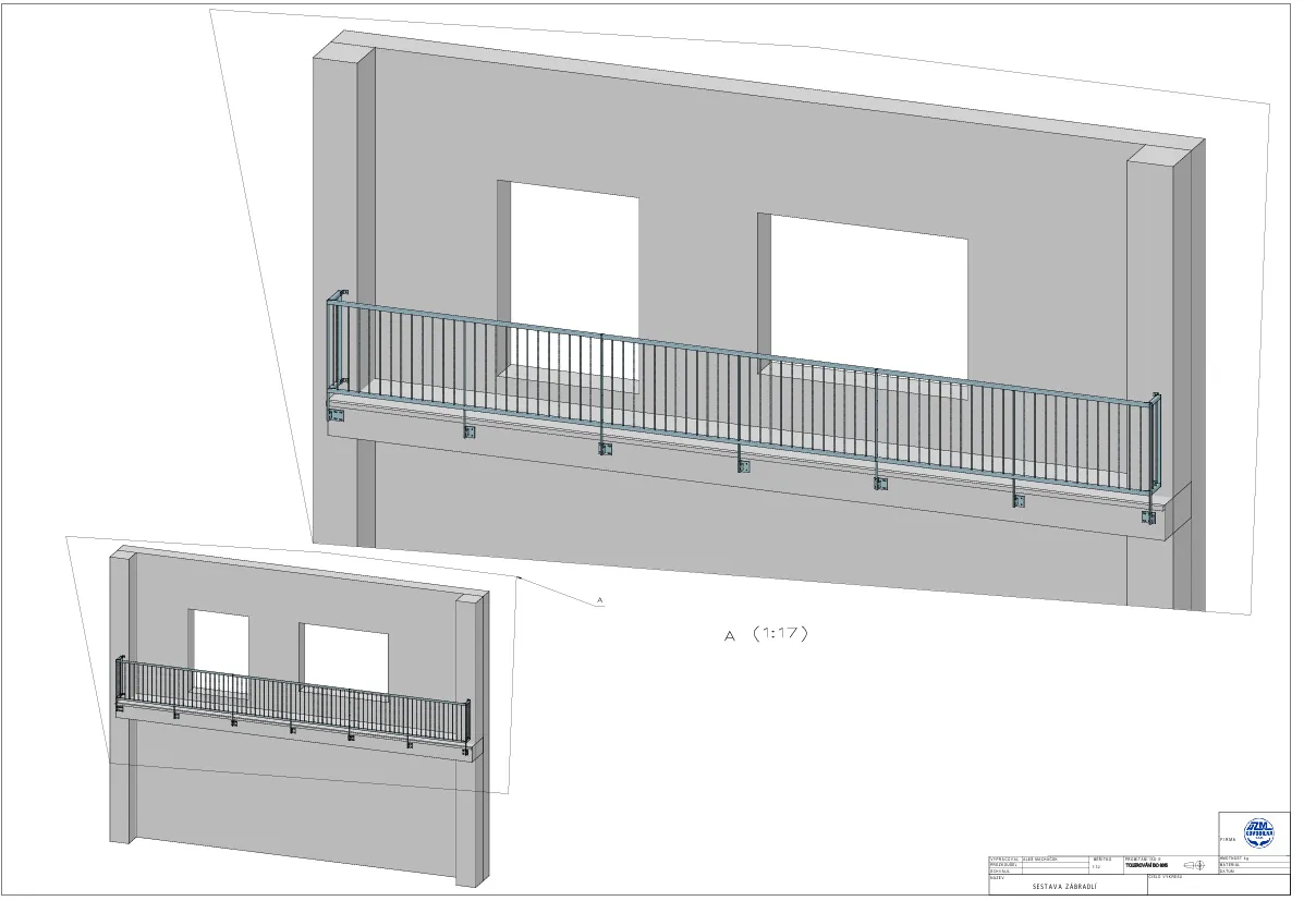 3D CAD návrh — Exteriérové ocelové zábradlí, Postupice — Zábradlí, Postupice
